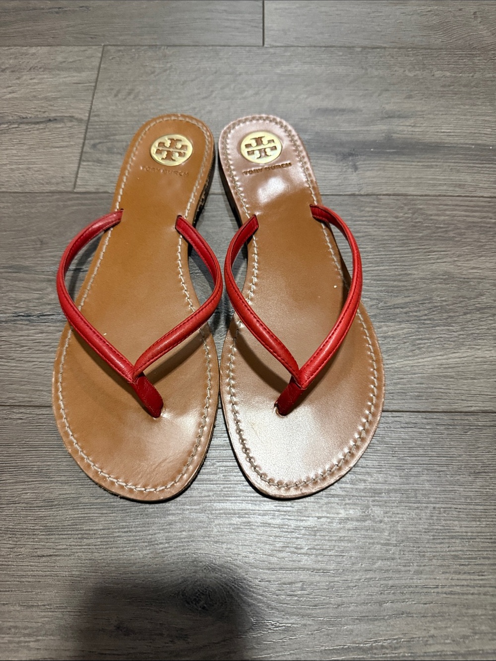 Tory Burch Red Leather Thong Sandals with Tan Footbed